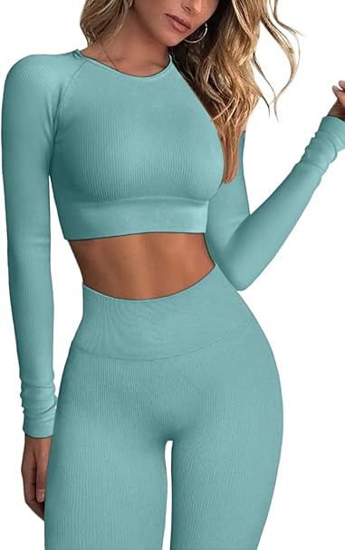 QINSEN Seamless Workout Outfits for Women 2 Piece Ribbed Long Sleeve Crop Top Tummy Control Leggi... | Amazon (US)