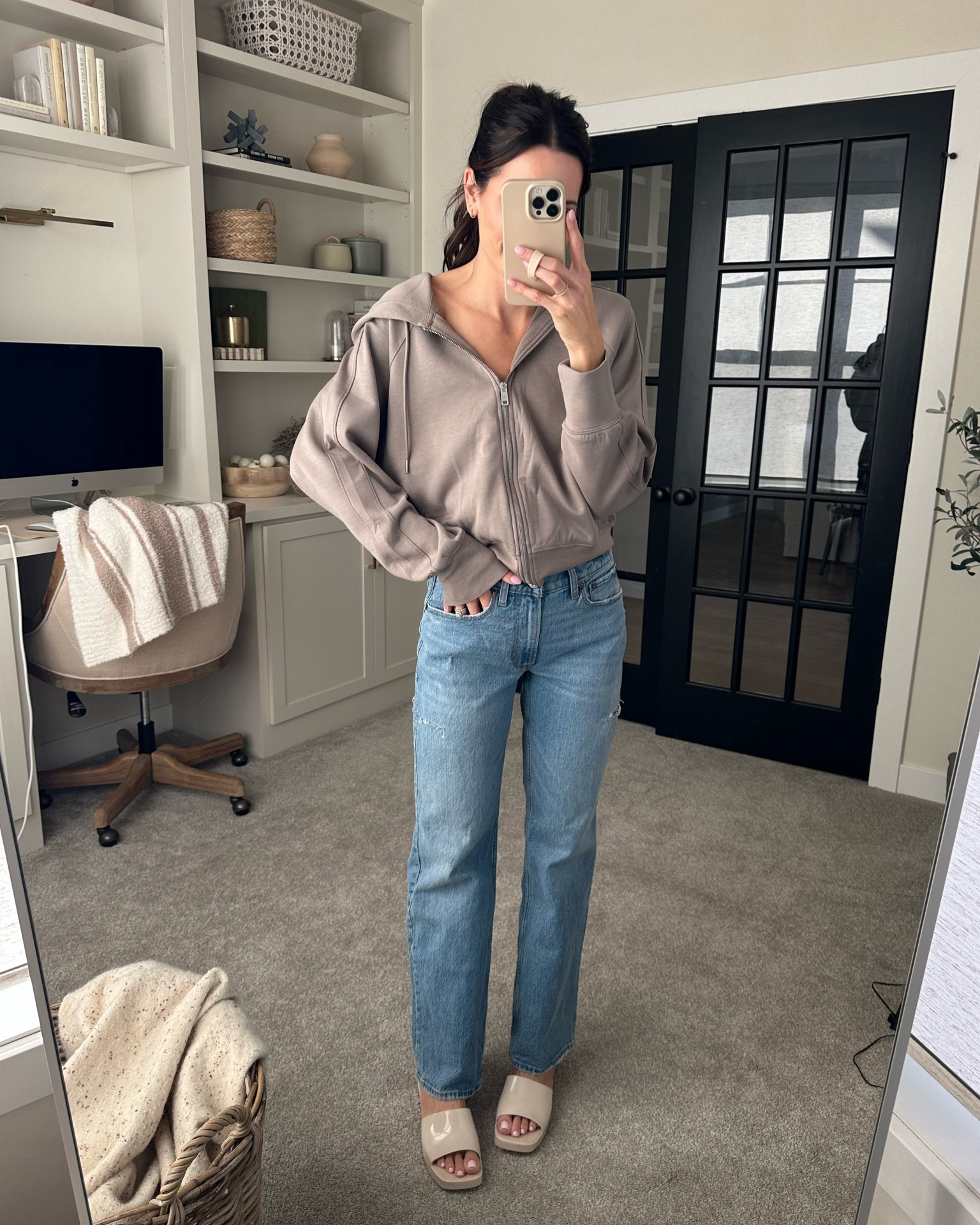 25% off + extra 15% off with code DENIMAF
Zip hoodie: true to size (S) 
Jeans: true to size (26L) 5’7” 
Gucci lookalike sandals: true to size 

#LTKunder100 #LTKFind #LTKsalealert