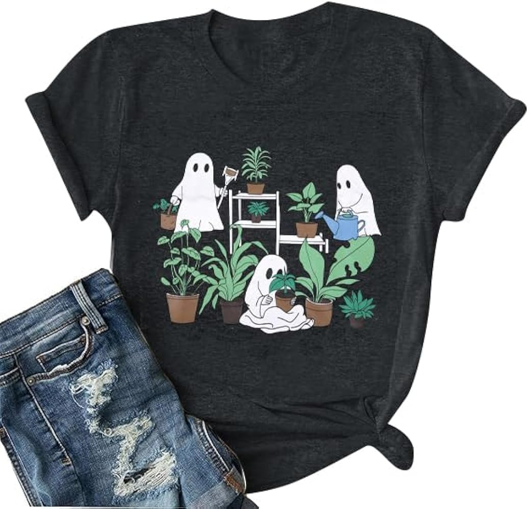 Halloween T Shirts for Women Ghost Shirt Cute Gardening Plant Graphic Tee Spooky Season Shirt Cas... | Amazon (US)