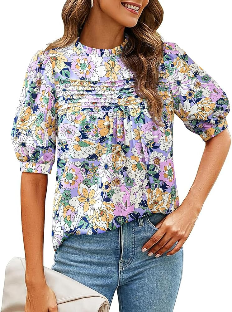 PRETTYGARDEN Floral Tops for Women Blouses Dressy Casual 2025 Summer Trendy Outfits Boho Pleated ... | Amazon (US)