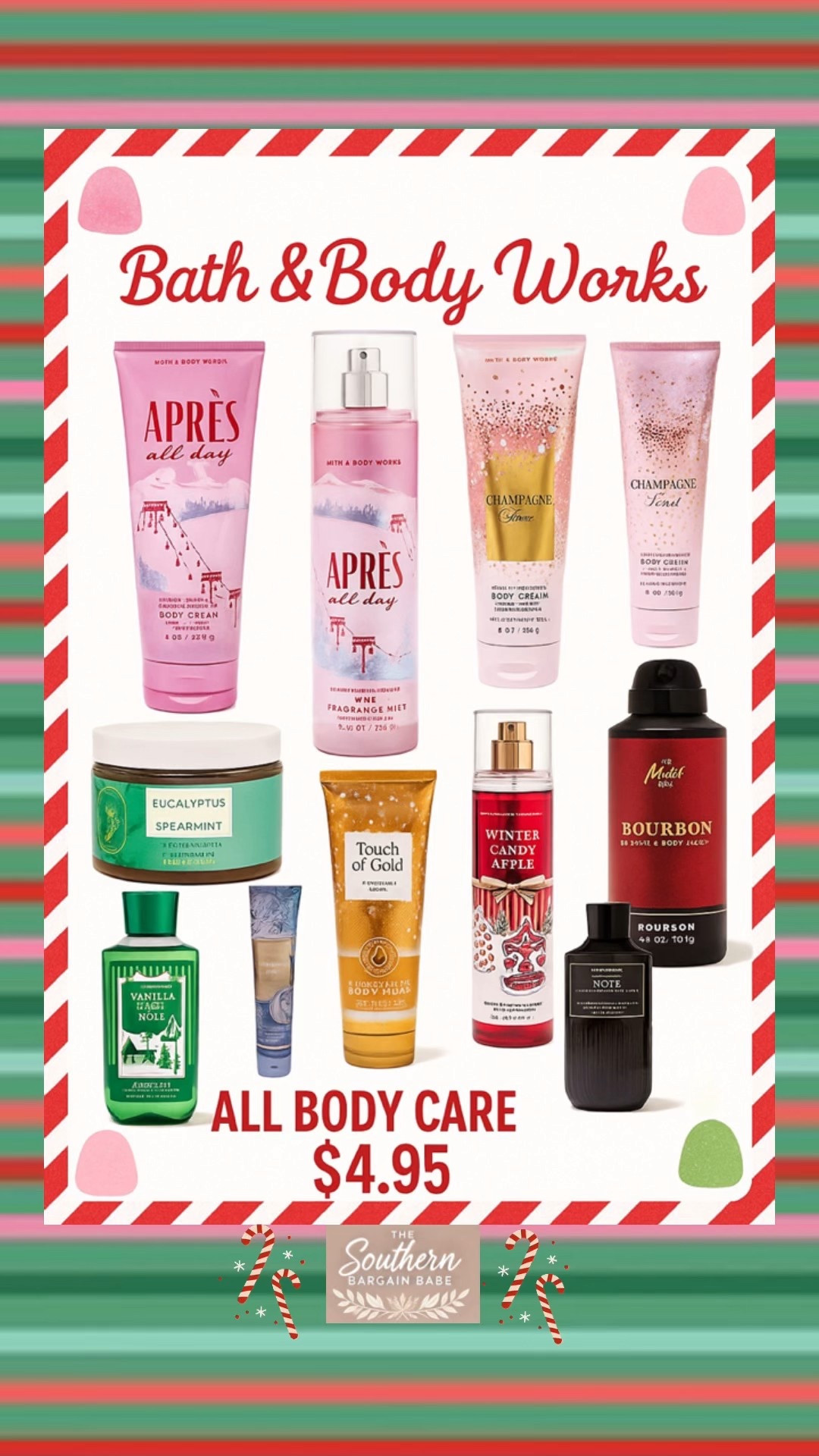Bath & Body Works is bringing the magic ✨🌲
ALL body care is just $4.95 — the perfect time to stock up on favorites and grab a few extras for gifting!

From cozy winter scents to fresh classics and men’s must-haves, this sale is too good to pass up 🍬🛍️

👉 Tap to shop my picks before they sell out!
⸻
#LTKHoliday #LTKDeals #BathAndBodyWorks #LTKUnder10
#HolidayScents #GiftableFinds #StockingStuffers
#LTKBeauty #TheSouthernBargainBabe


#LTKHoliday #LTKSaleAlert #LTKGiftGuide