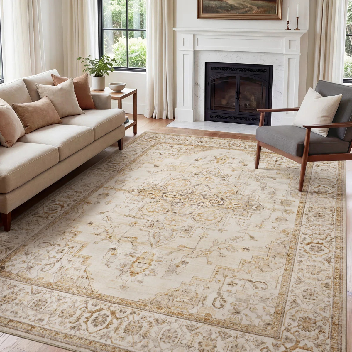 Soft Machine Washable Vintage Distressed Medallion Area Rug For Living Room, Bedroom With Non-Sli... | Wayfair North America