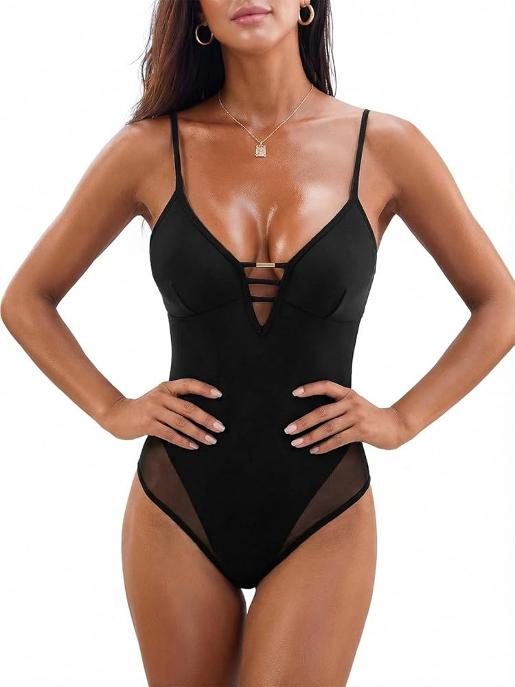CUPSHE Women's One Piece Swimsuit Sexy V Neck Cutout Bathing Suit Mesh Panel Back Hook Adjustable... | Amazon (US)