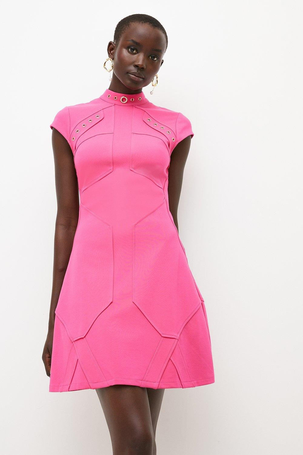 Ponte Cap Sleeve Eyelet Jersey Mini Dress | Karen Millen US