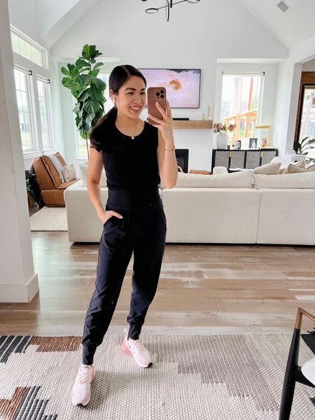 Athleisure outfit with a black ribbed tank. I love the material and it is great under blazers for workwear too. Pairing with Lululemon align joggers with an ultra high waist that you can fold over  

#LTKstyletip #LTKshoecrush