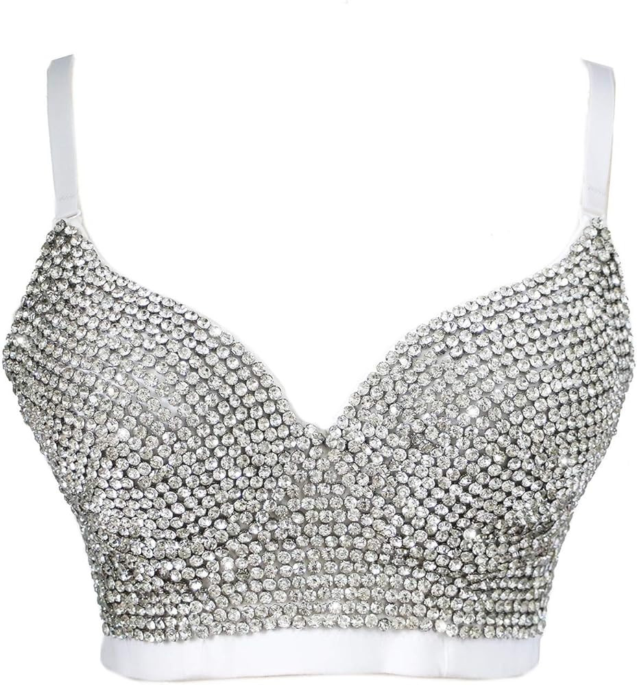 atokiss Women's Handmade Rhinestone Shining Diamond Push up Bustier Club Party Bra Cropped Top Ve... | Amazon (US)