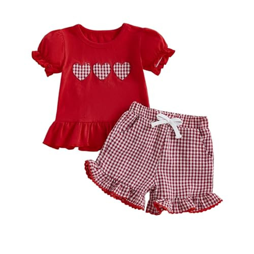 TUSFTAY Toddler Baby Girl Valentines Day Outfit Heart Ruffles Red Short Sleeve Tee Shirt and Shorts 6 12 18 24M 2T 3T 4T (Valentines, 3-4T) | Amazon (US)