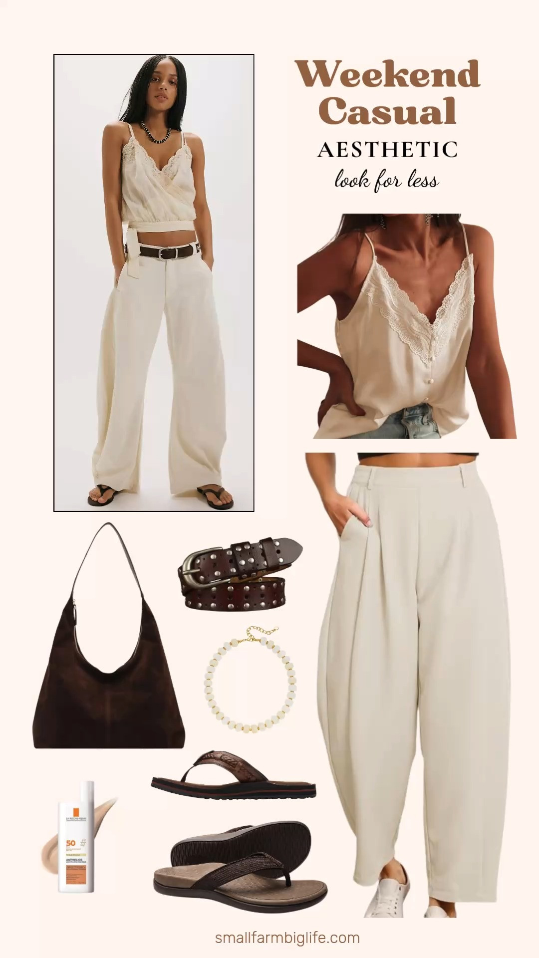 Neutral tones and effortless basics are my go to for a casual weekend look and this outfit checks every box without breaking the bank. The wide leg barrel pants are such a flattering silhouette right now and they pair perfectly with the satin cami and a chunky beaded necklace to keep things feeling polished. Dark brown flip flops and a suede tote pull the whole look together and the La Roche-Posay tinted sunscreen with SPF 40 is the finishing touch I never skip before heading out the door. Tap to shop the whole look! 

 #LTKgrwm #LTKootd #LTKOver40