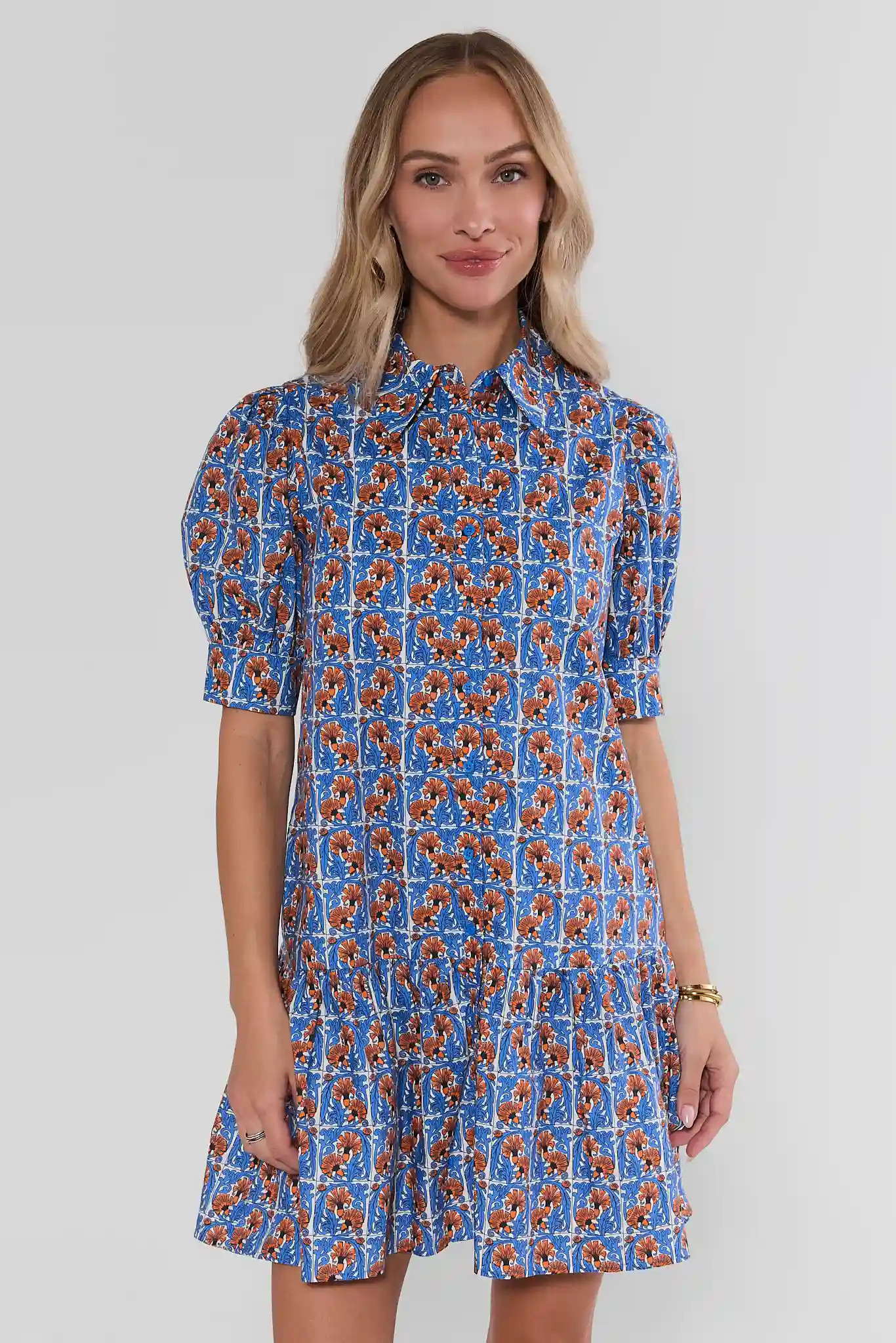 Blue Printed Drop Waist Short Dress | Avara