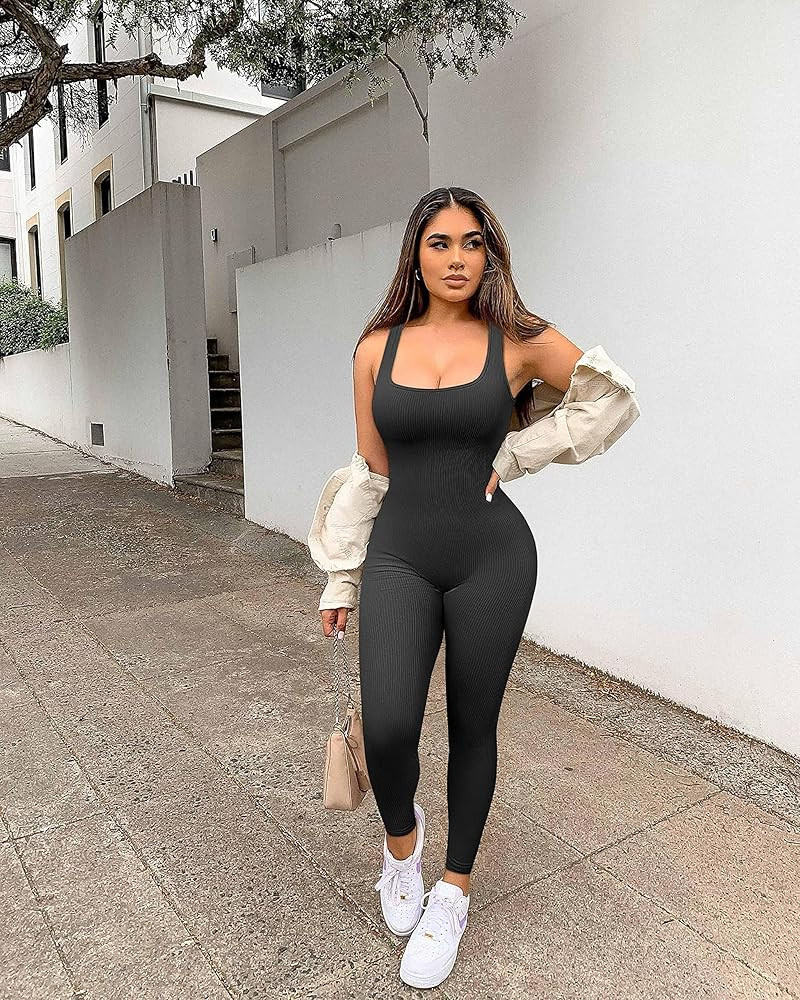 Women Workout Seamless Jumpsuit Yoga Ribbed Bodycon One Piece Tank Top Leggings Romper | Amazon (US)