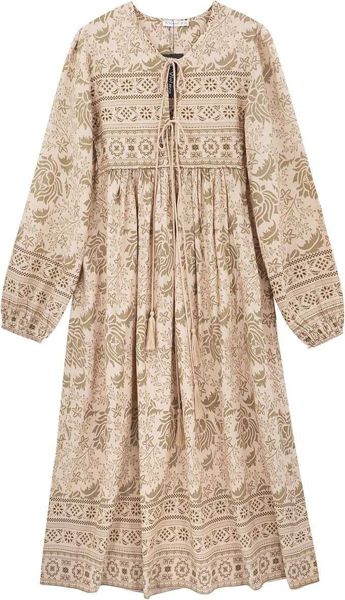 R.Vivimos Women's Long Sleeve Floral Print Retro V Neck Tassel Bohemian Midi Dresses | Amazon (US)
