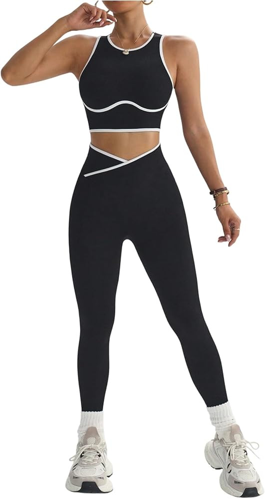 Milumia Women's 2 Piece Workout Sets Color Block Crop Tank Top Crossover Leggings Set Tracksuit | Amazon (US)