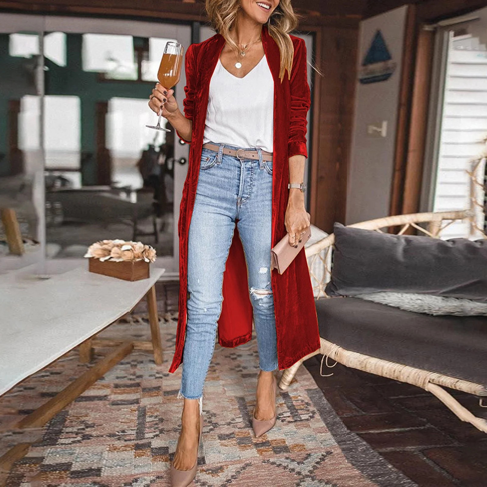 Women's Long Velvet Cardigan Jacket Lapel Collar Open Front Vintage Maxi Duster Cardigan Sweater ... | Walmart (US)