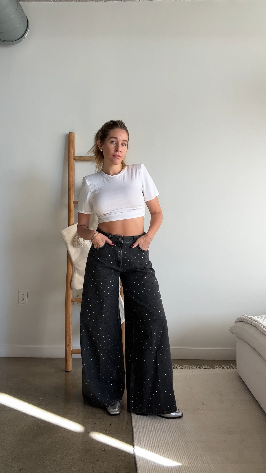 Loving these festive wide leg crystal jeans (wearing size 27)! Paired with the best silver loafers (true to size) 

#LTKstyletip #LTKHoliday #LTKbaby