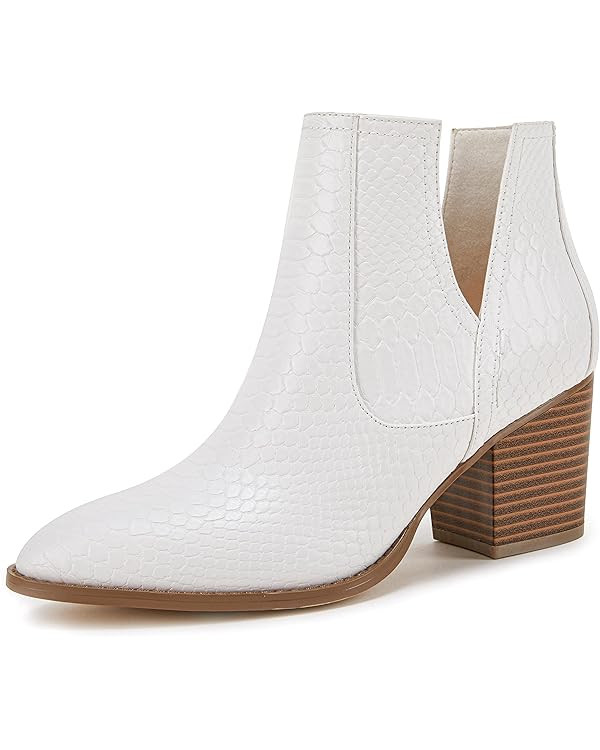 Kathemoi Womens Ankle Boots Slip on Cutout Pointed Toe Snakeskin Chunky Stacked Mid Heel Booties | Amazon (US)