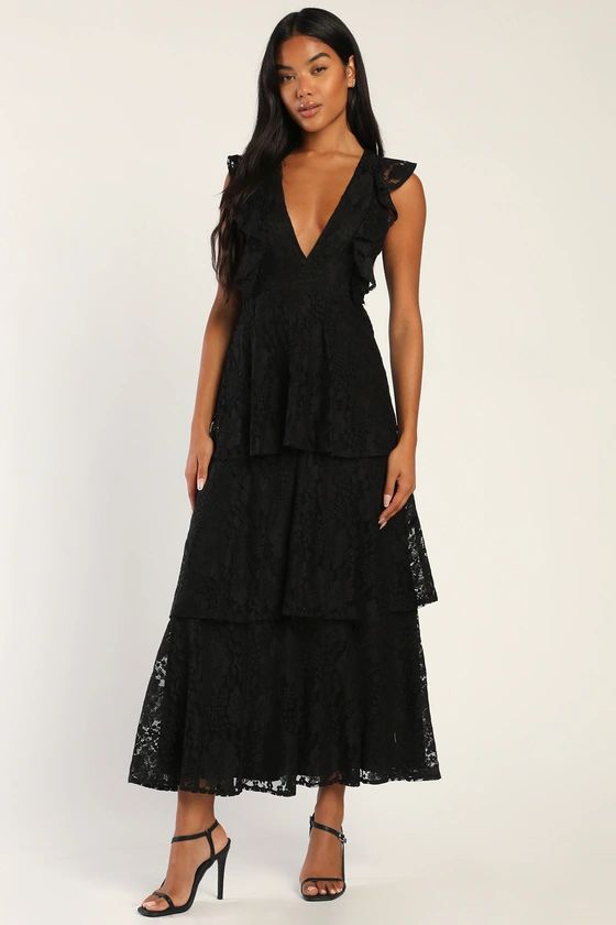 Molinetto Black Lace Ruffled Tiered Sleeveless Maxi Dress | Lulus (US)