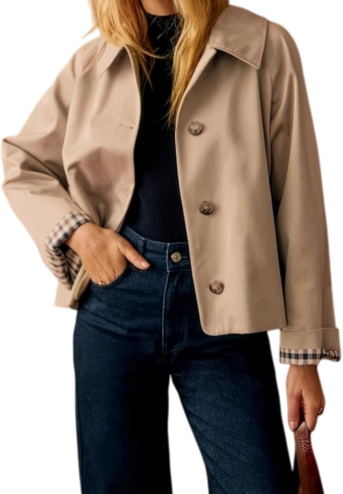Women Oversize Trench Coat Lightweight Single Breasted Jacket Cropped Classic Collar Oversized Pl... | Amazon (CA)