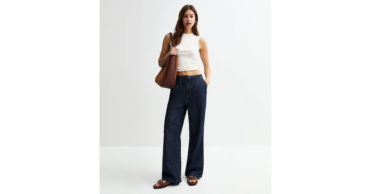 Navy Drawstring Waist Wide Leg Denim Trousers | New Look | New Look (UK)