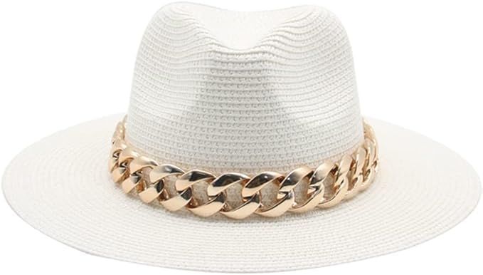 Chic Wide Brim Panama Fedora Straw Sun Hat with Gold Chain for Women Pool Beach Vacation Bachelor... | Amazon (US)