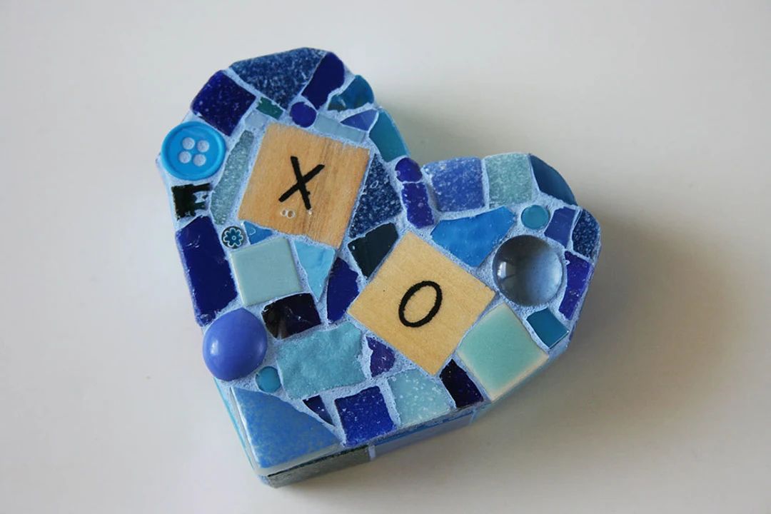 Blue Xo Mosaic Heart Paperweight Small Mixed Media Love Mine My Valentines Day Wood Letter Button... | Etsy (US)