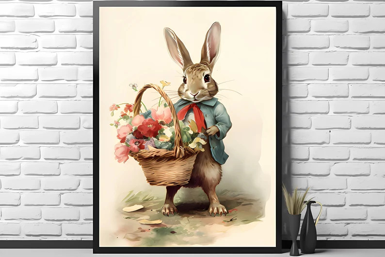 Easter Bunny Illustration Print | Living Room Decor | VintageArtRealm Downloadable PRINTABLE Digi... | Etsy (US)