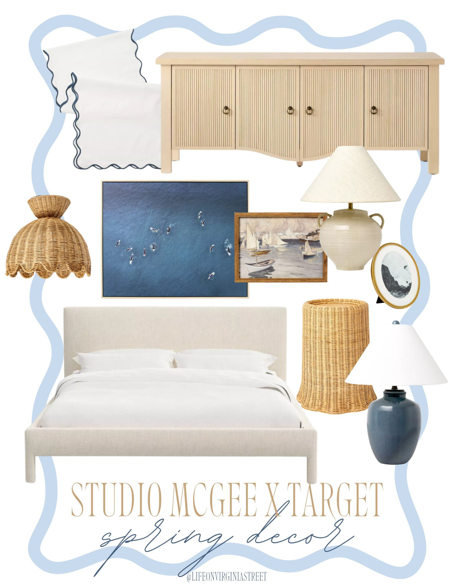 Absolutely LOVING these new Studio McGee Threshold home decor finds from Target for spring 2025! I was so excited to see they brought in some coastal elements like this surfing art, sailboat art, scalloped table runner, navy blue ceramic lamp, wicker furniture, upholstered bed, scalloped wicker light fixture and more! #ltkhome #ltkseasonal #ltkfindsunder50 #ltkfindsunder100 #ltkstyletip #ltkkids #ltkfamily #ltksalealert 

 