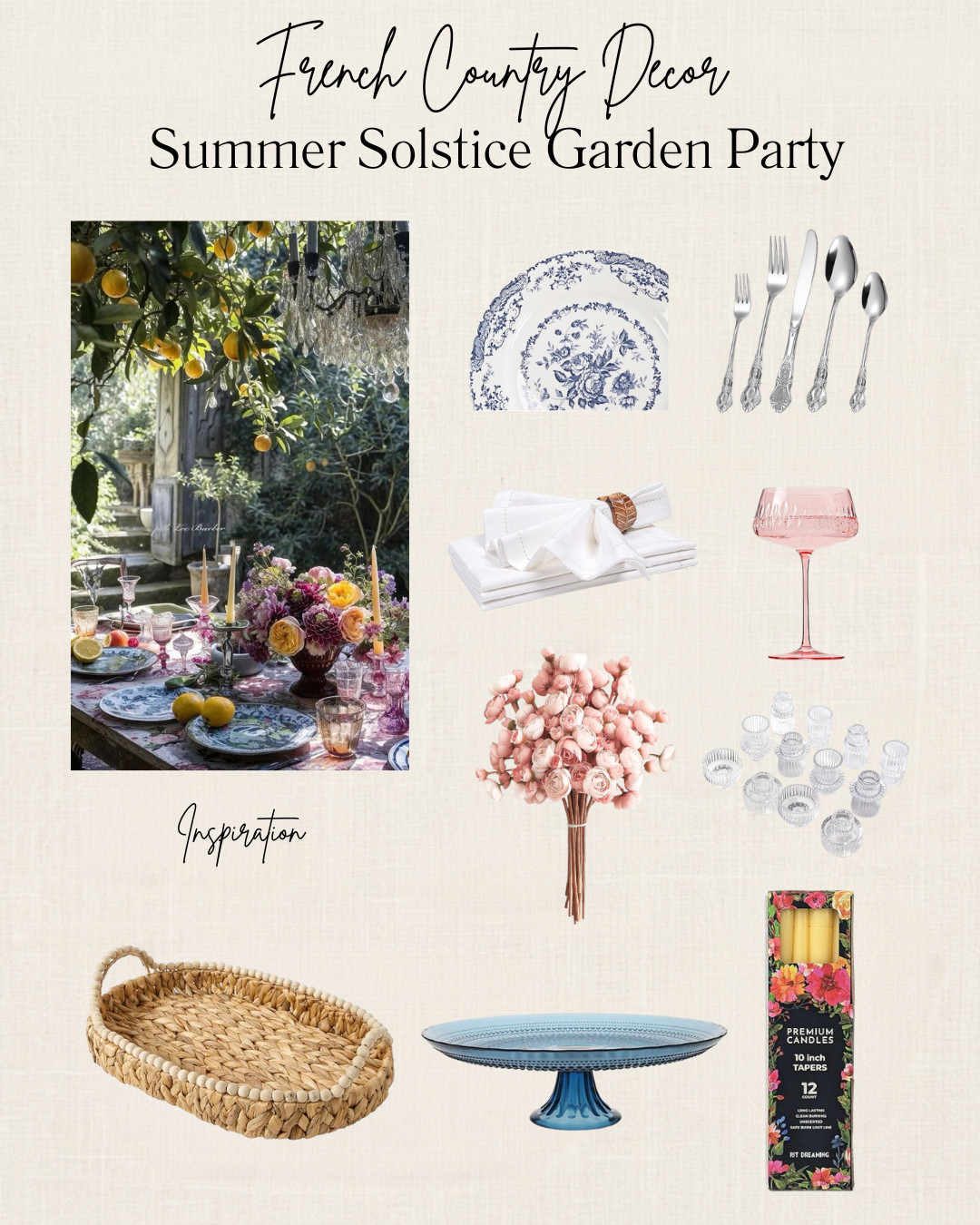Golden citrus trees, heirloom florals, vintage-inspired glassware, and layered European charm—this Summer Solstice Garden Party was inspired by a dreamy AI garden scene that captures the romance of outdoor entertaining at a French country estate. Think long afternoons under the trees, candlelight at dusk, and tables filled with collected pieces that feel elegant yet effortless.

Shop the pieces to recreate this European garden party aesthetic for your own patio, garden, lake house, or summer gathering.







French Country Decor • European Estate Style • Garden Party • Summer Entertaining • Outdoor Dining • Cottage Garden • Lake House Decor • Romantic Tablescape • Citrus Decor • Vintage Inspired Home • Outdoor Hosting • Summer Solstice Style 

 #LTKSeasonal #LTKOver40 #LTKHome
