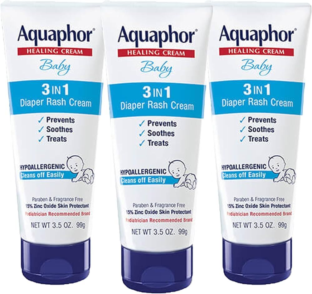 Aquaphor Baby Diaper Rash Cream, 3-in-1 Diaper Rash Relief, 3.5 Oz Tube, Pack of 3 | Amazon (US)
