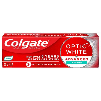 Colgate Optic White Advanced Teeth Whitening Fluoride Toothpaste with 2% Hydrogen Peroxide - Icy Fresh - 3.2oz: Sugar-Free, Gluten-Free, Vegan | Target