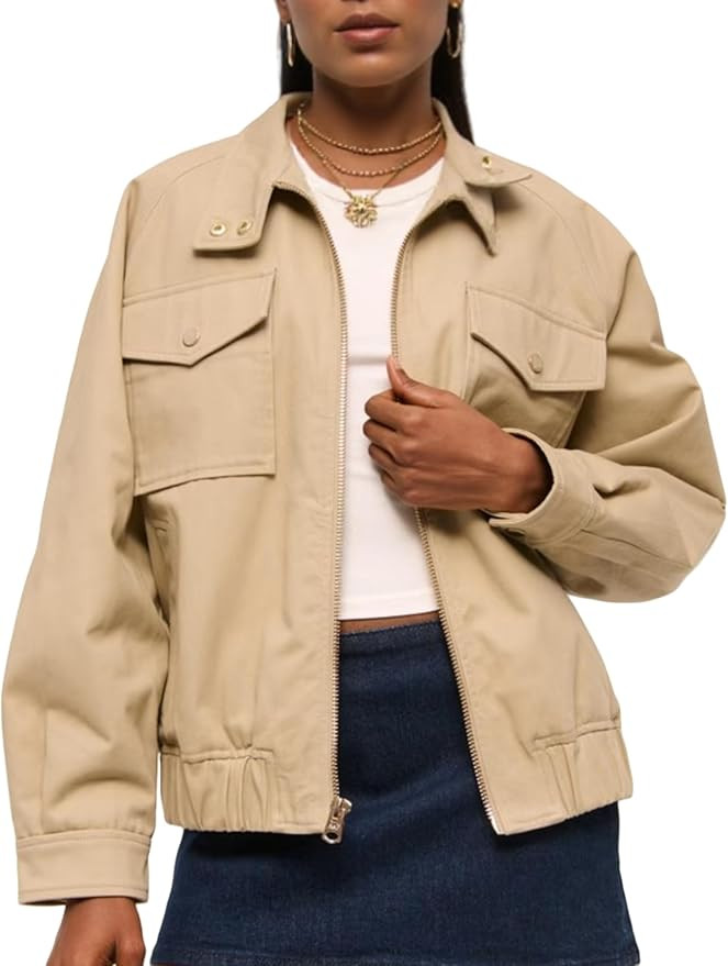Twill Bomber Jacket Women Lapel Long Sleeve Collar Zipper Cotton Trendy Streetwear Outerwear Coat... | Amazon (US)