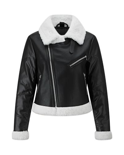 WYOYW Women Puffer Leather Jacket Patchwork Faux Fur Lined Coat Moto Biker Faux Leather Jacket Black White S | Amazon (US)