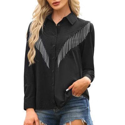 INSPIRE CHIC Women's Fringe Turndown Collar Long Sleeve Spakle Tassel Western Cowgirl Blouses X-Large Black | Target