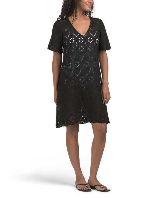 Made In Italy Short Sleeve V-neck Eyelet Short Cover-up Dress | TJ Maxx