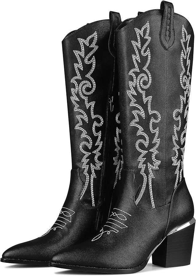 AMINUGAL Cowboy Boots for Women Knee High Boots Women Embroidered Cowgirl Boots Metal Block Heel ... | Amazon (US)