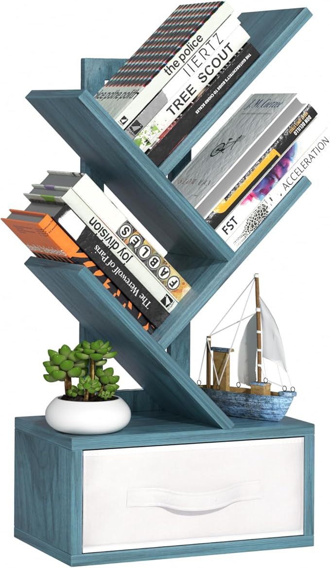 SHEEPAM Small Book Shelf with Drawer,4 Tier Black Tree Bookshelf,Blue Desktop Bookcase,Modern Des... | Amazon (US)