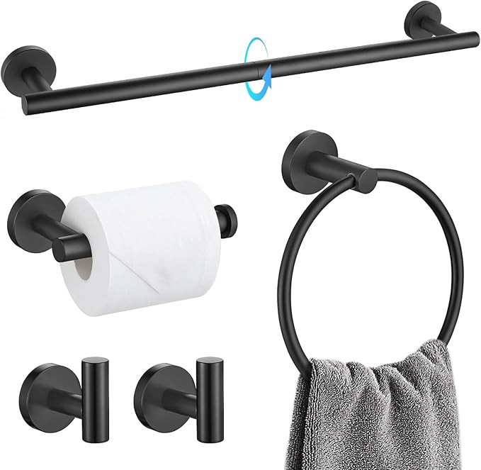 TQKAG Matte Black Bathroom Hardware Set 5 Pieces, SUS304 Stainless Steel Towel Bar Set Round Bath... | Amazon (US)