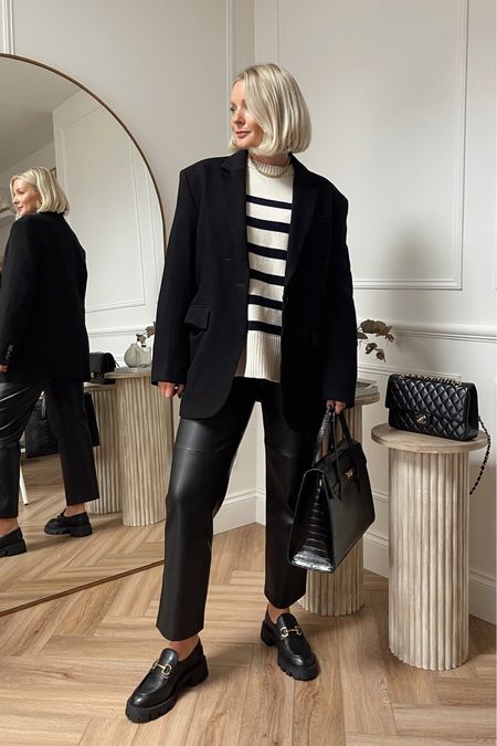 Styling leather trousers - smart look perfect for the office. Striped jumper, black wool blazer from arket, chunky black loafers from mango and black smart bag also from mango  

#LTKitbag #LTKshoecrush #LTKstyletip