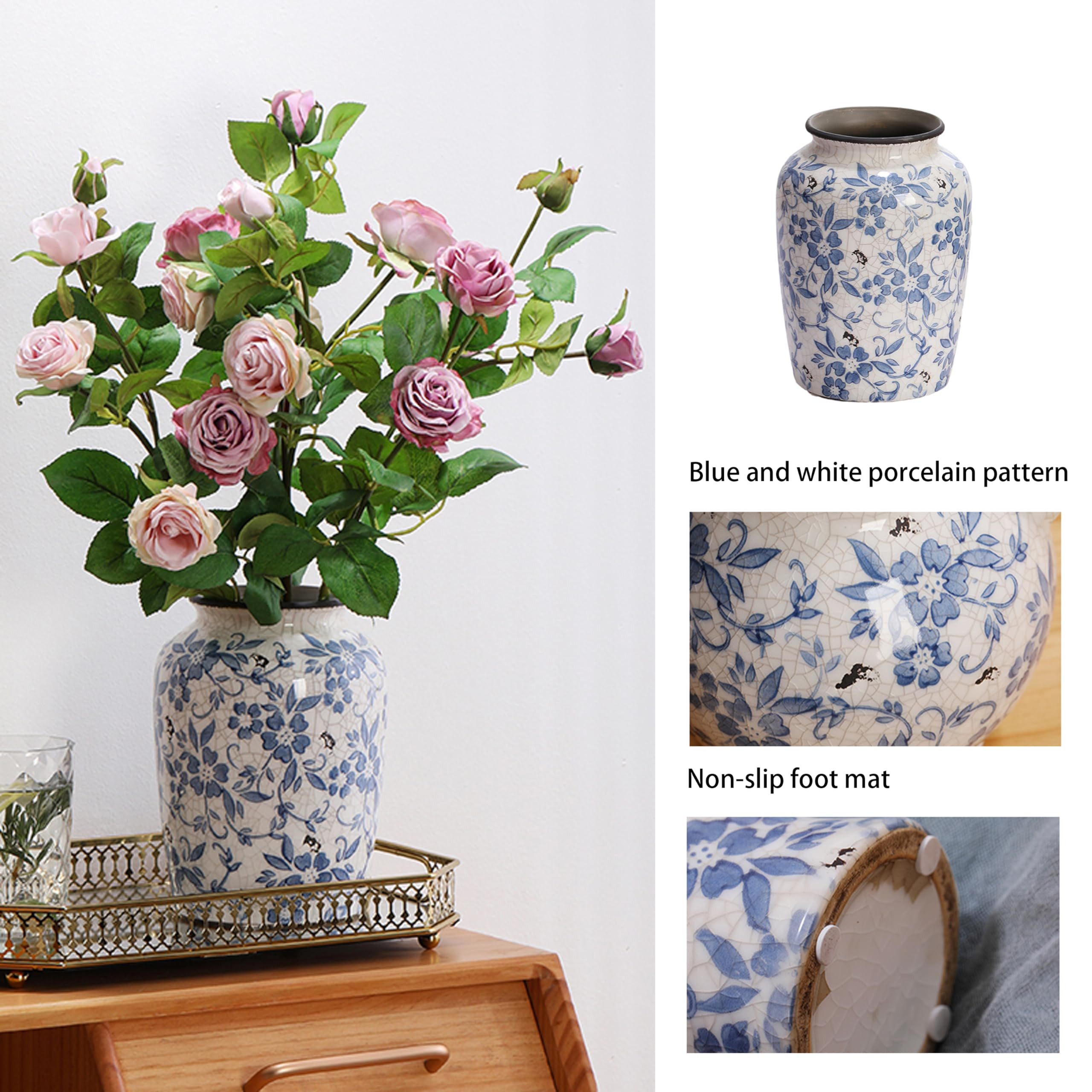 Denique Vintage Blue and White Porcelain Vase Ceramic Vase for Home Decor, Retro Crack Blue Flower Vase Pottery Vase Chinoiserie Decor | Amazon (US)