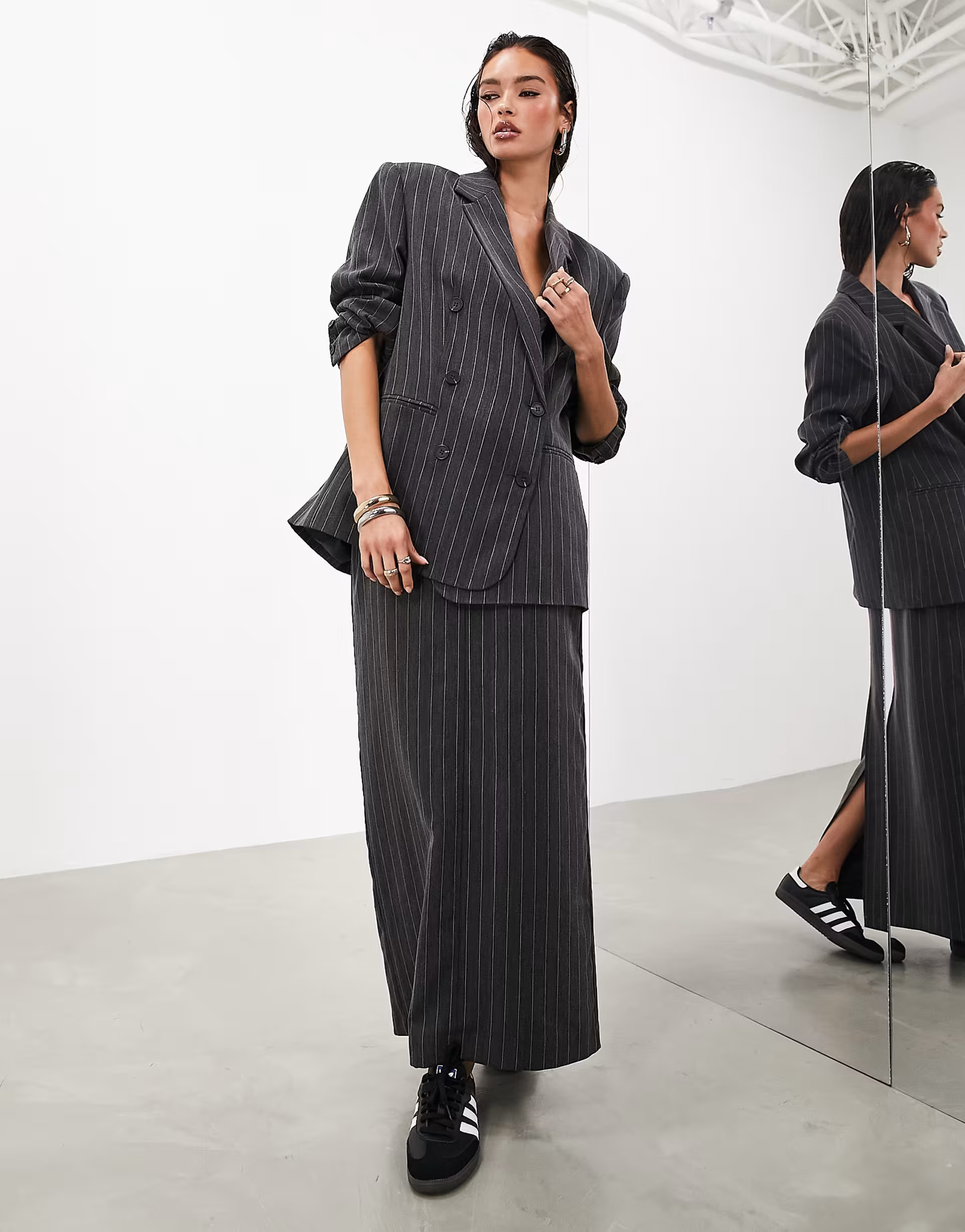 ASOS EDITION tailored maxi skirt in charcoal pinstripe | ASOS (Global)