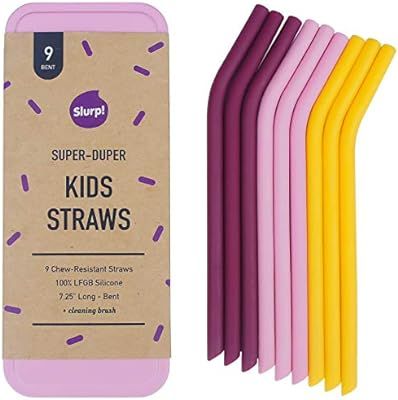 Kids Slurp Straw 9 Pack and Cleaning Brush w/Pink Case, 7.25in Bent Reusable Silicone Drinking St... | Amazon (US)