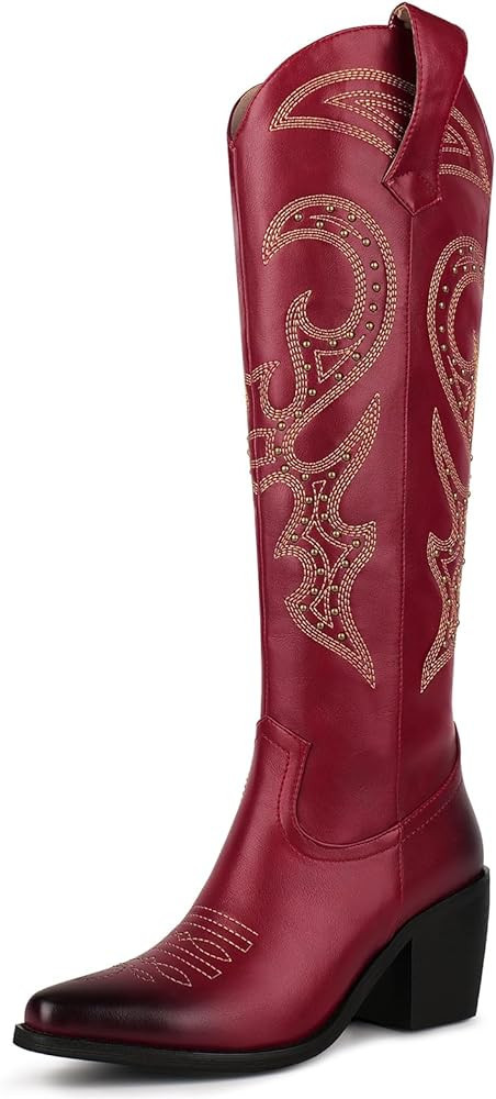 wetkiss Knee High Cowboy Cowgirl Boots for Women, with Unique Embroidery, Side Zipper and Chunky ... | Amazon (US)