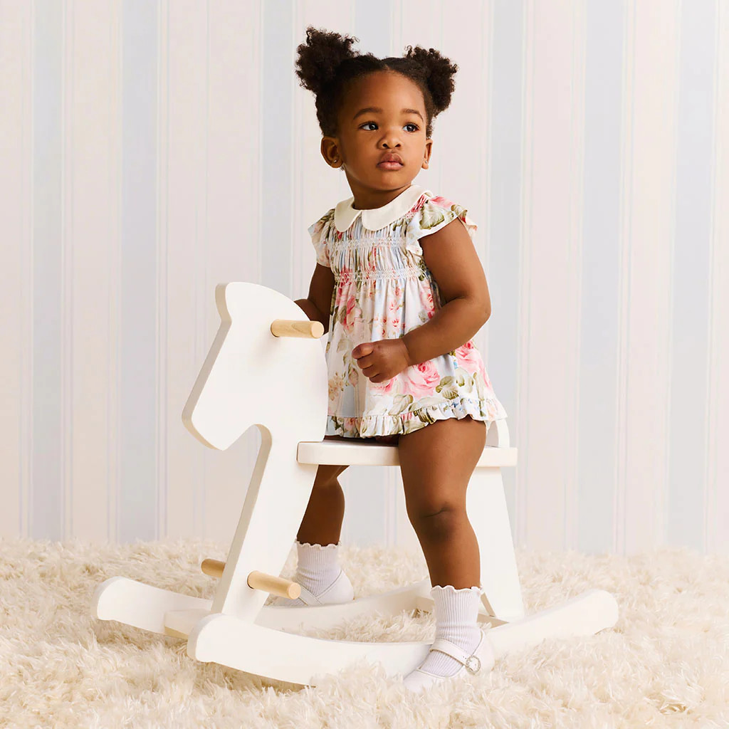 Floral Blue Ruffled Cap Sleeve Leigh Collared Smocked Ruffled Dress Bummie Set | Posh Peanut\u00a... | Posh Peanut