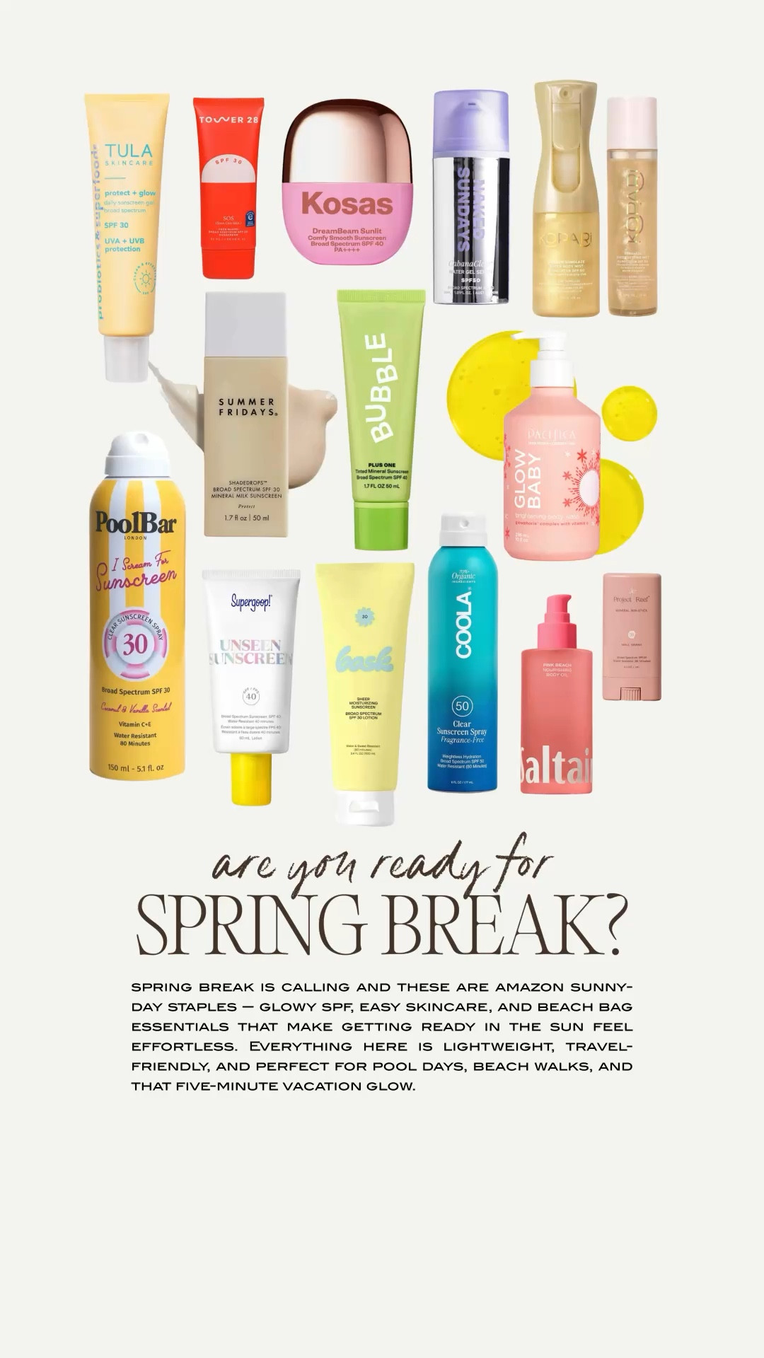 Get ready for Spring Break …. Do you have your sunscreen, bronzing drops and after sun!? Find everything by clicking on my face icon below - will take you to a list of over 75 items perfect for Spring Break packing! 

#LTKSpringSale #LTKTravel #LTKSwim