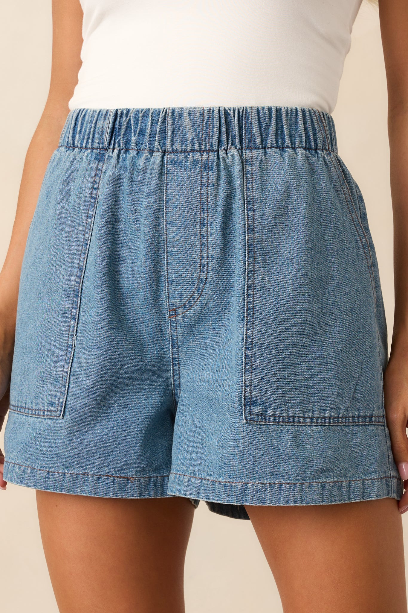 Off We Go Medium Wash Elastic Waist Cotton Denim Shorts | Red Dress