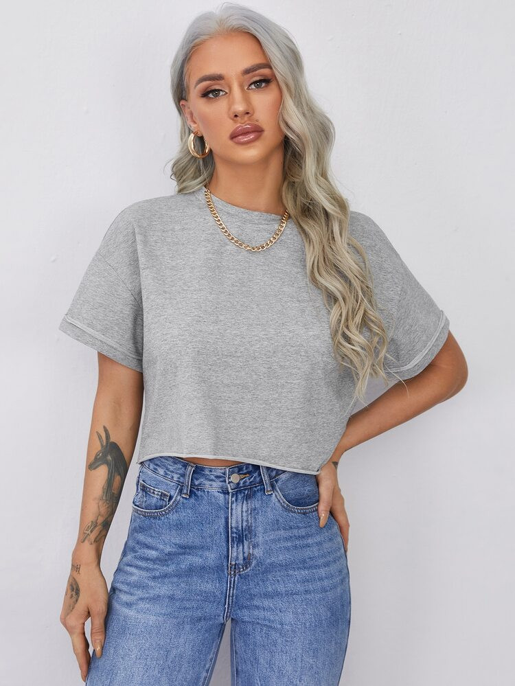 SHEIN Solid Raw-Cut Boxy Cropped Tee | SHEIN