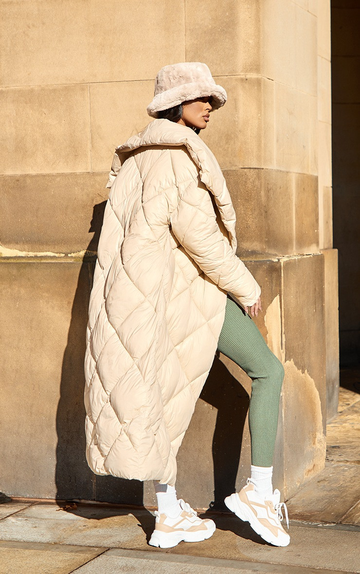 Cream Soft Nylon Diamond Quilted Maxi Oversized Puffer | PrettyLittleThing US