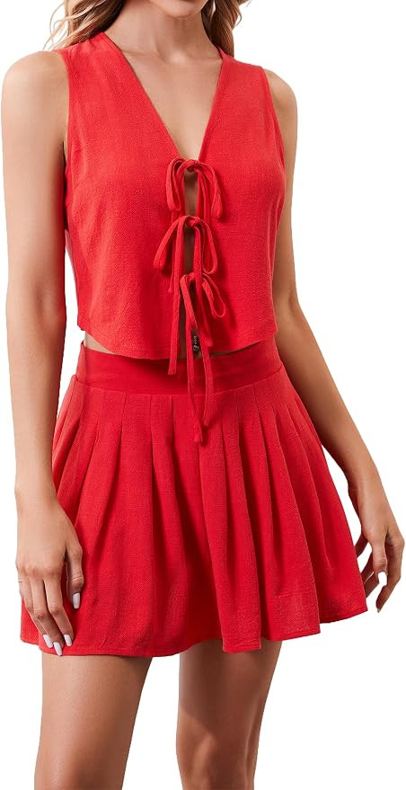 Women Sexy Summer Two Piece Linen Mini Skirt Set Sleeveless Lace Up V Neck Crop Tank Top Pleated ... | Amazon (US)