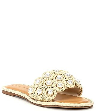 Gianni Bini Justise Raffia Pearl Flat Slide Sandals - 6.5 | Dillard's