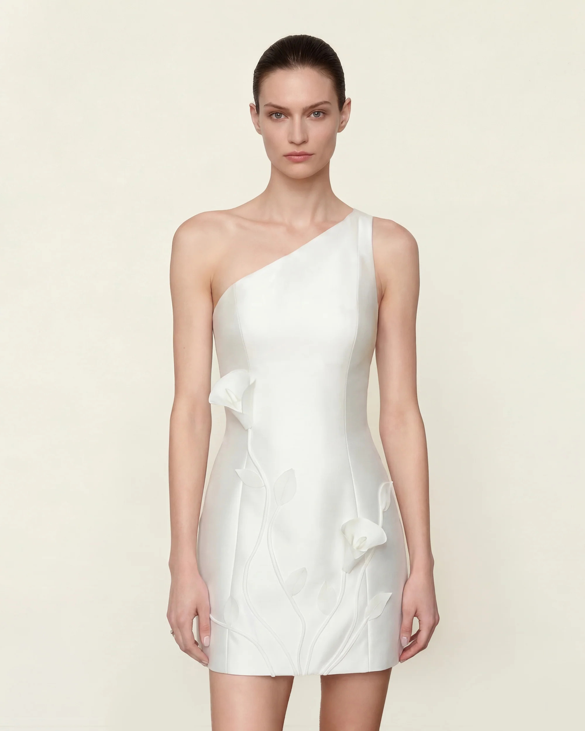Floral One Shoulder Polyester Dress - White | JW PEI US