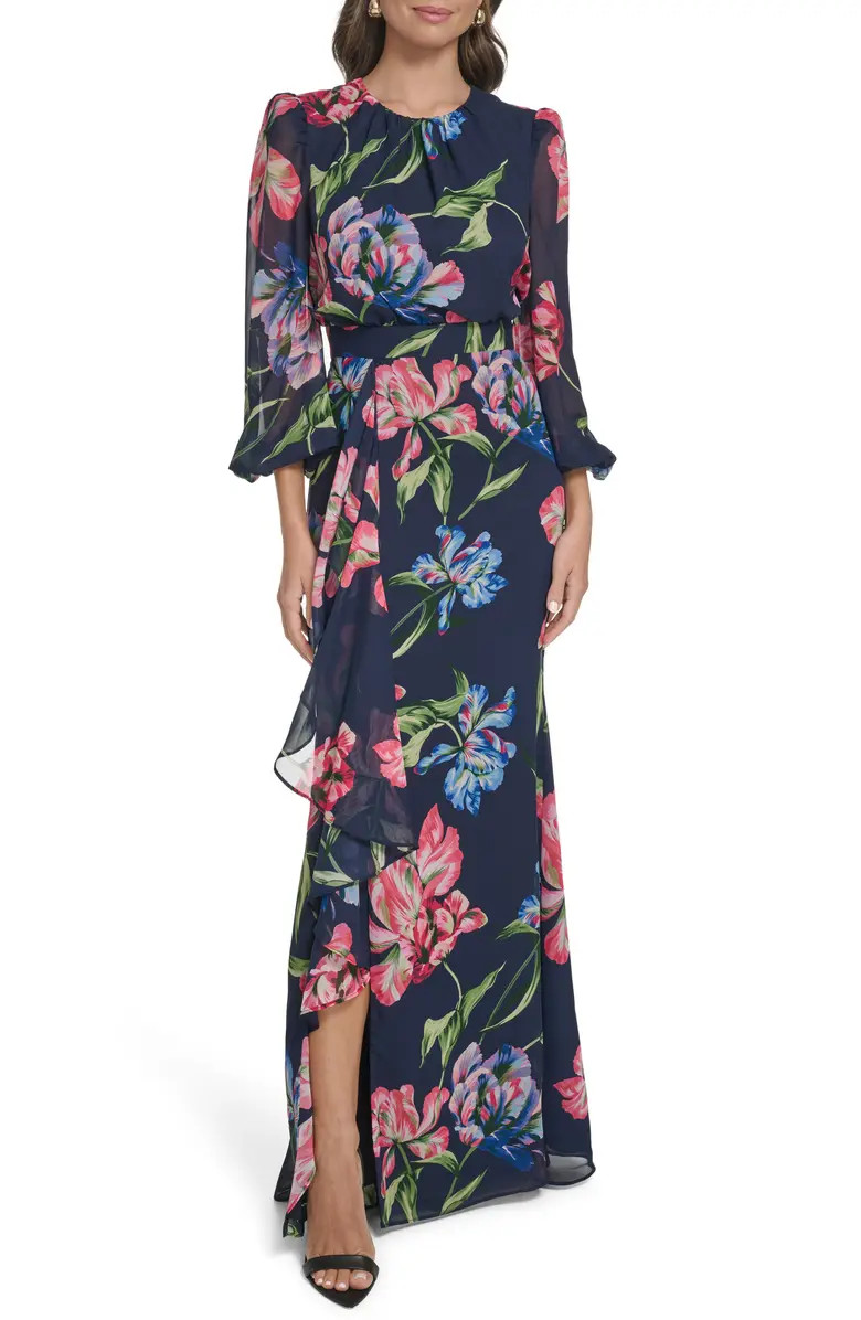 Floral Long Sleeve Ruffle Chiffon Dress | Nordstrom